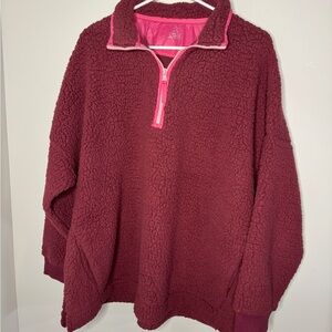 Aerie Maroon Sherpa Pullover with Pink Trim